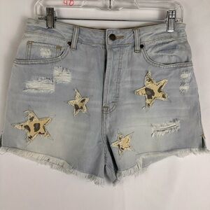 Easel Light Blue Distressed Jean Shorts with Star Patches